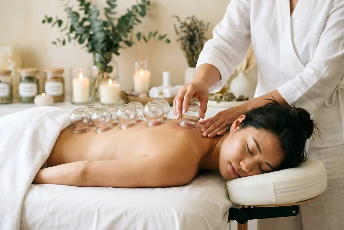 A row of suction cups set along a client's back during a cupping session on the massage table