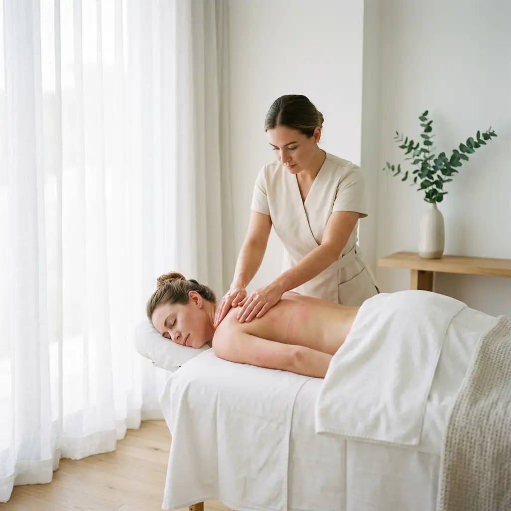 Massage therapist working a client's shoulder and upper back on a table