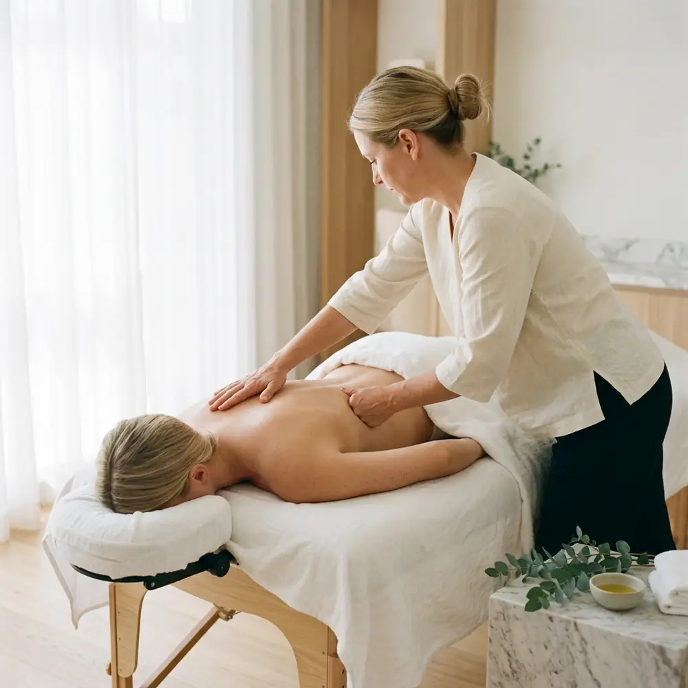 Therapist applying steady forearm pressure along a client's back during a traditional bodywork session