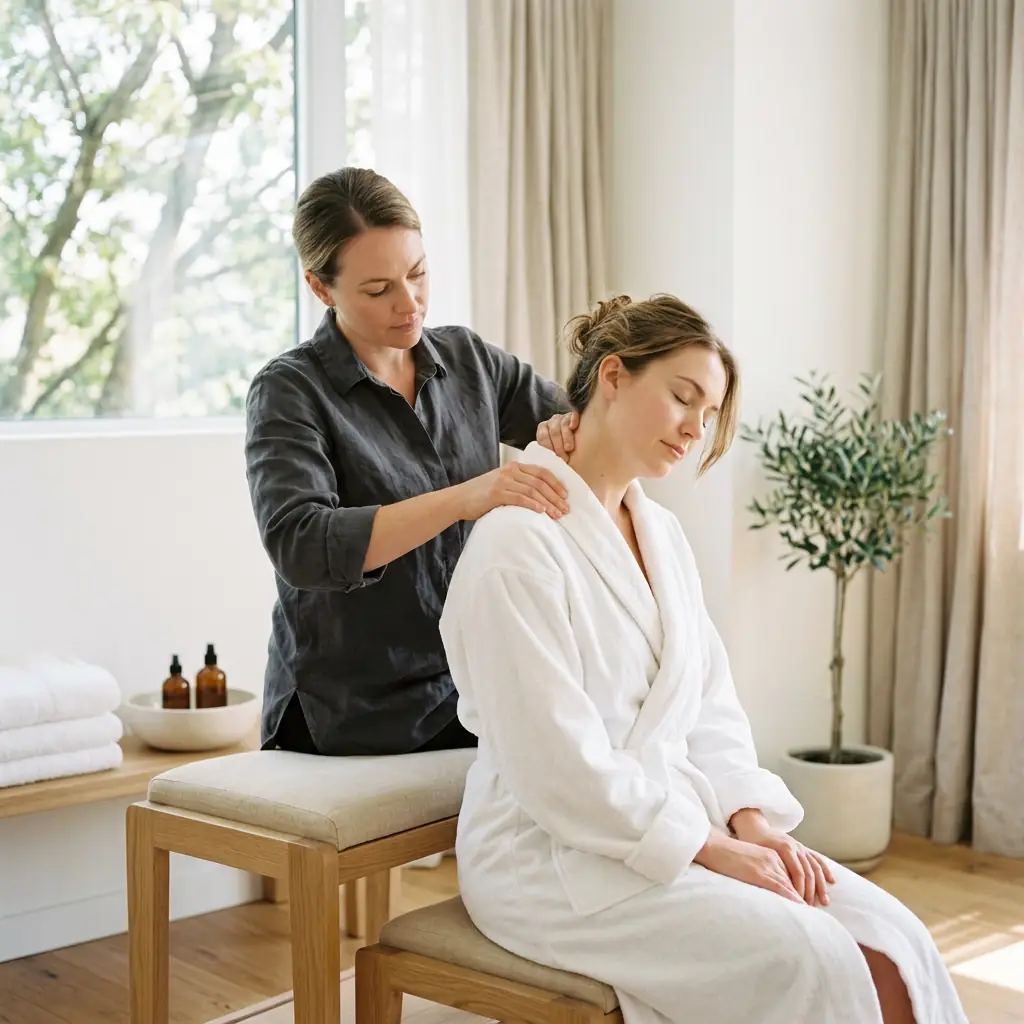 Therapist easing a seated client's neck and shoulder line with both hands